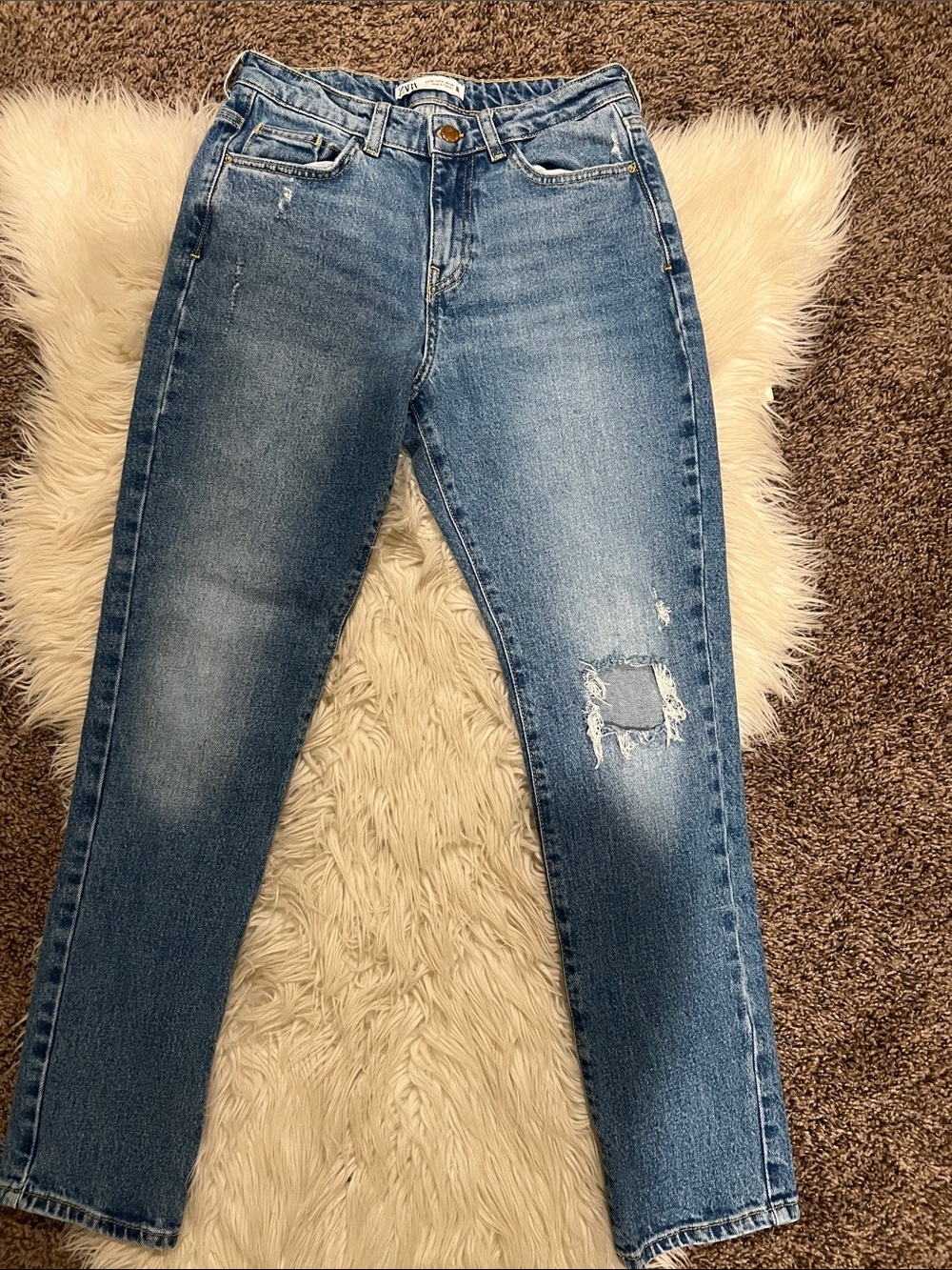 Zara Straight-Leg Distressed Blue Jeans